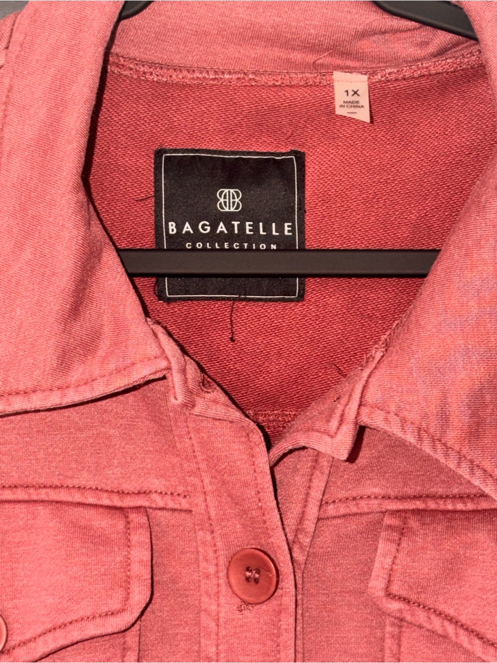 Bagatelle Raspberry French Terry Button down Shacket 1X - Picture 3 of 5